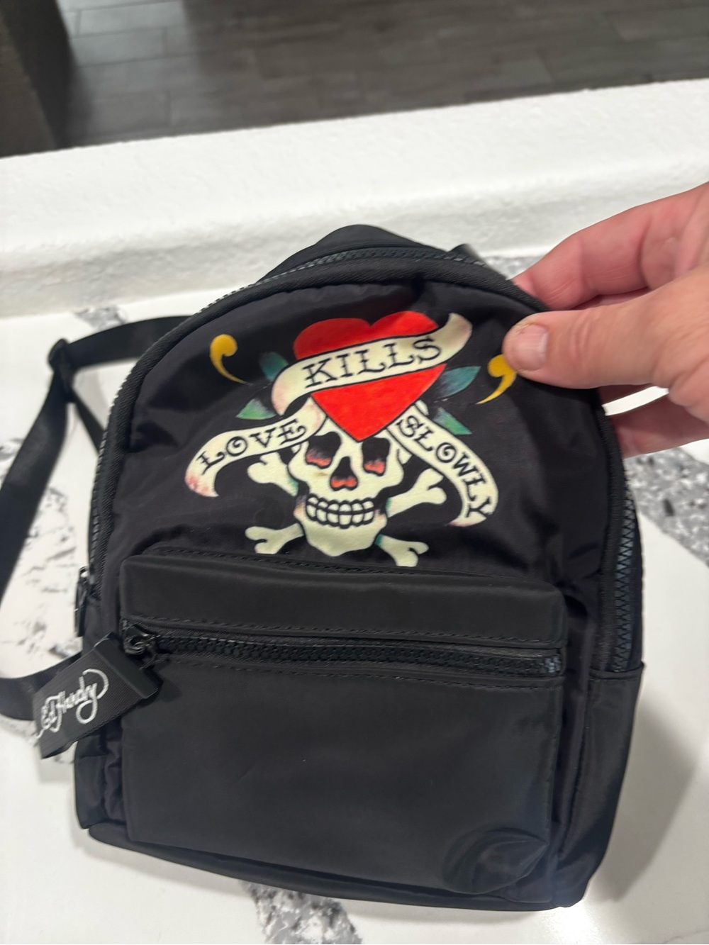 Ed Hardy Black Mini Backpack with Red Heart Skull Graphic